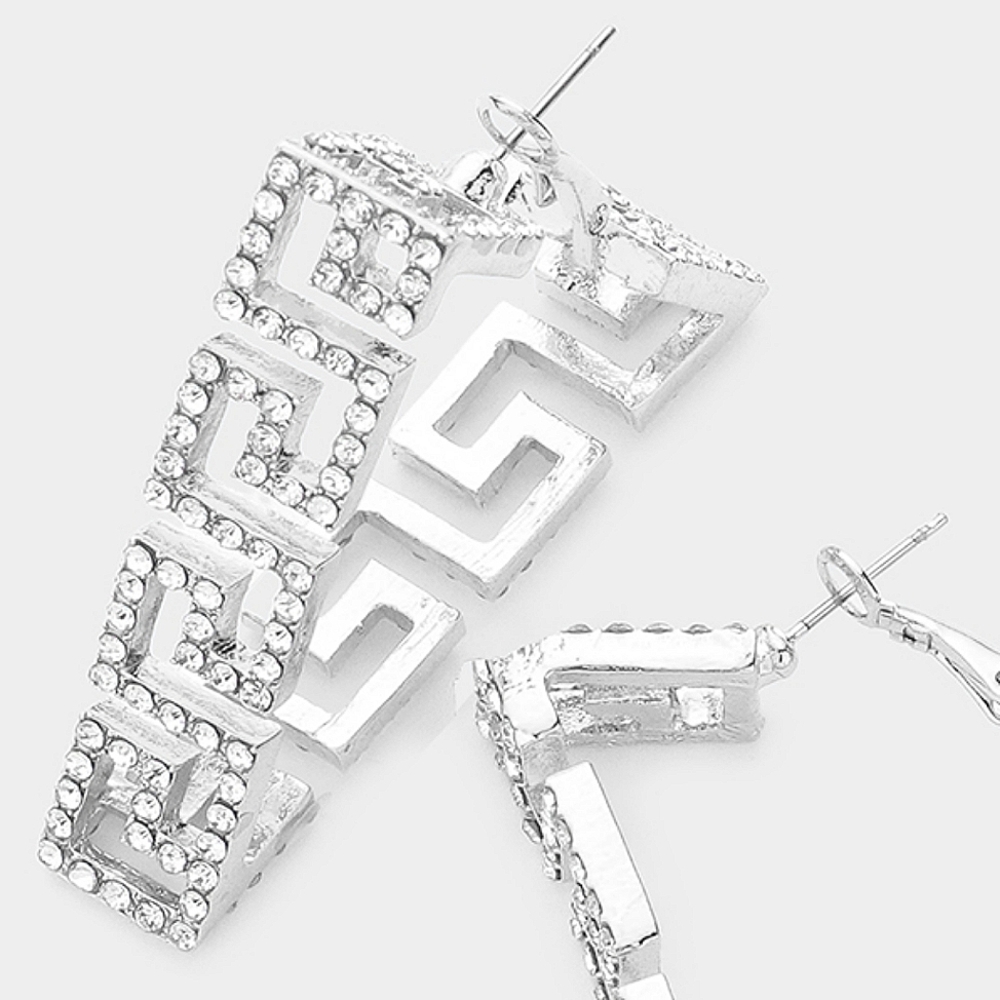 Silver Greek Key Patterned Rhinestone Crystal Triangle Hoop Earrings - Picture 3 of 3